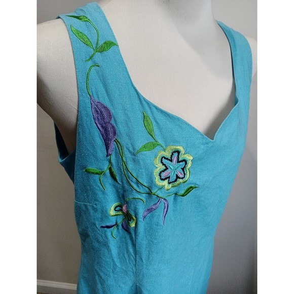 Vintage Betsy Lauren Linen Dress Turquoise Embroidered Flowers Size 12 Lined - Picture 5 of 7
